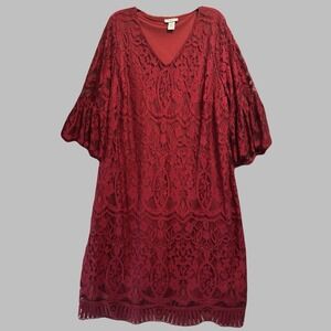 Catherines Lace Dress Bell Sleeve Scalloped Hem Plus Size 2X Burgundy Cocktail